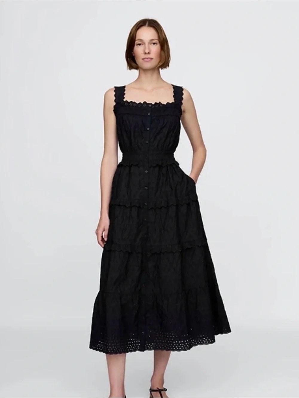 GAP Black Eyelet Tiered Midi Dress